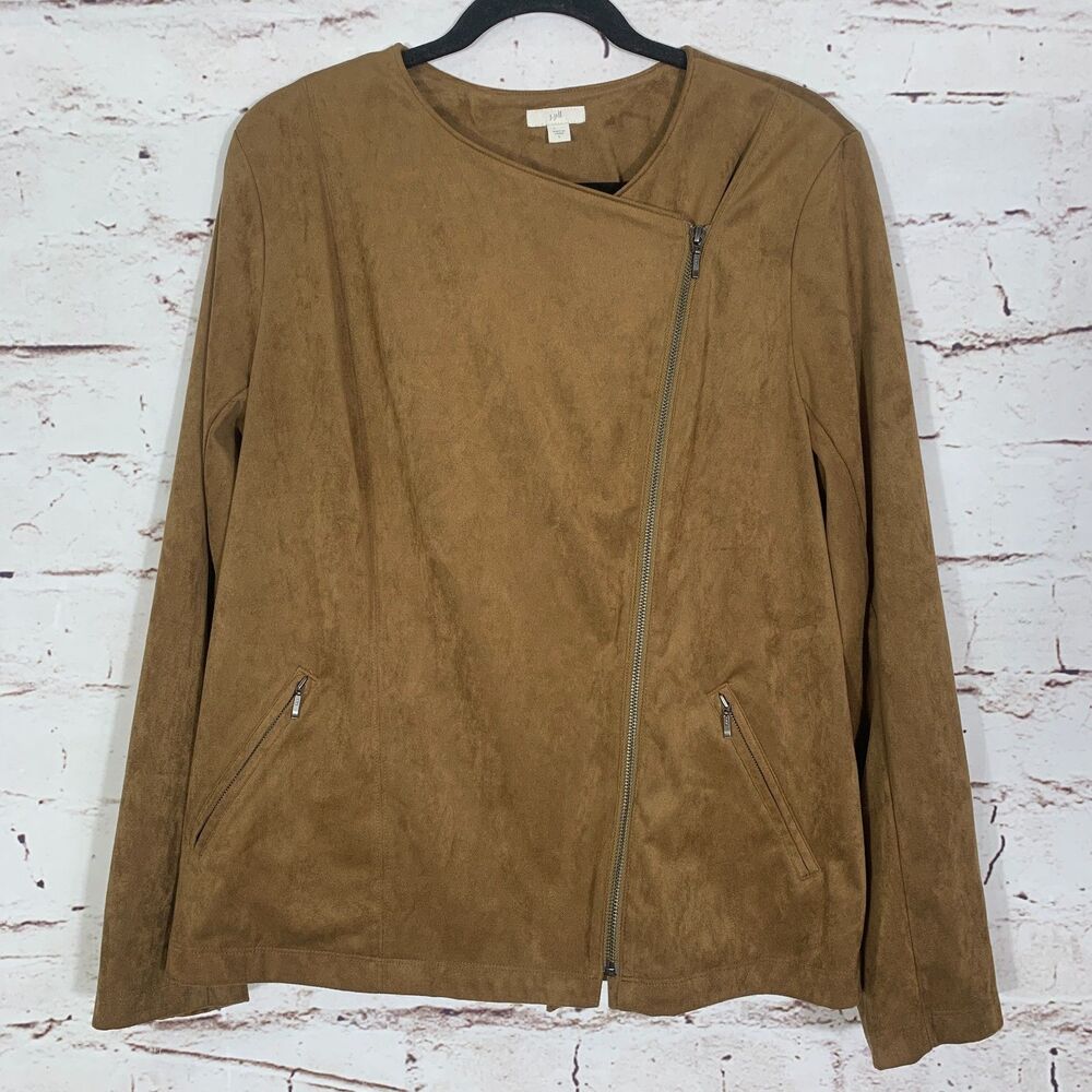 J. Jill Faux Suede Asymmetric Moto Jacket Size Large Camel Brown Chic Layering